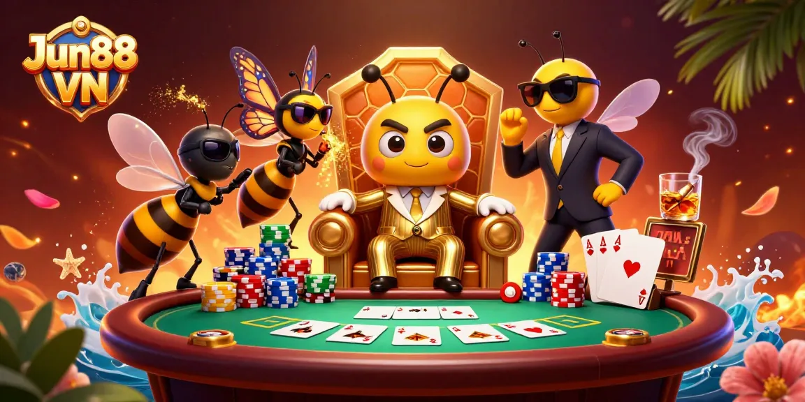 Engage in thrilling poker action with Jun88 VN's vibrant casino atmosphere, featuring flanked characters and dynamic scenes.