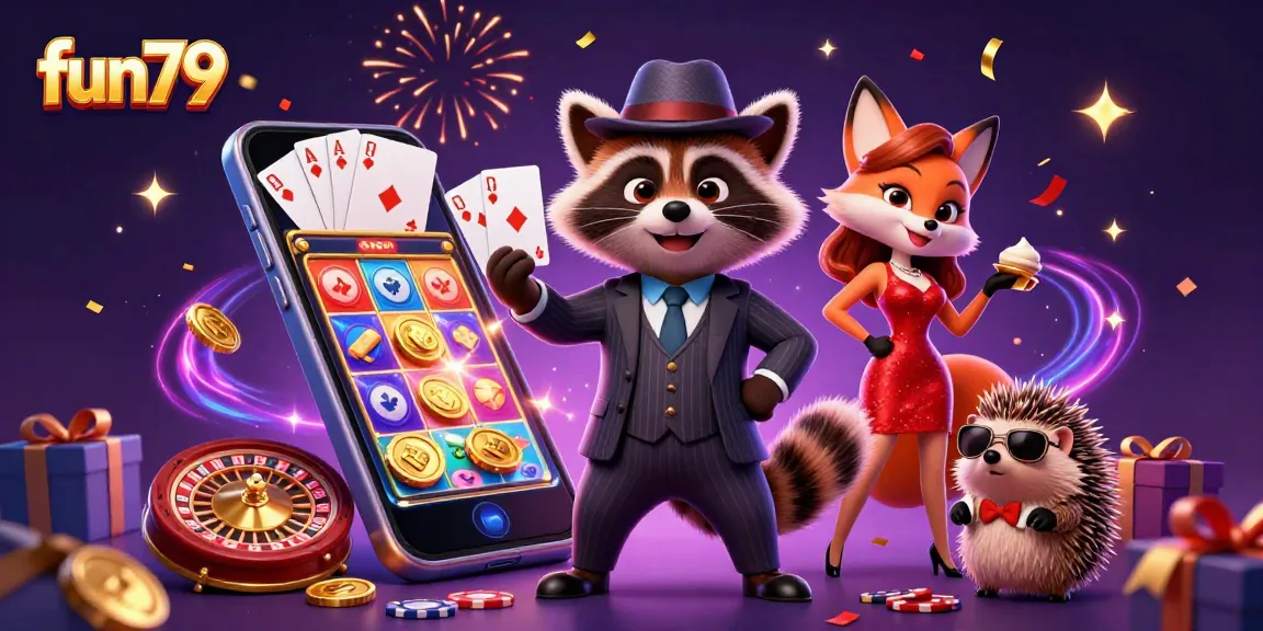 Experience excitement at fun79 with characters celebrating around a vibrant casino scene filled with games and riches.
