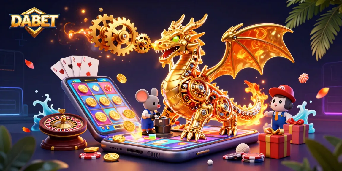 DABET offers thrilling gameplay as a golden dragon breathes gears amidst vibrant casino elements.