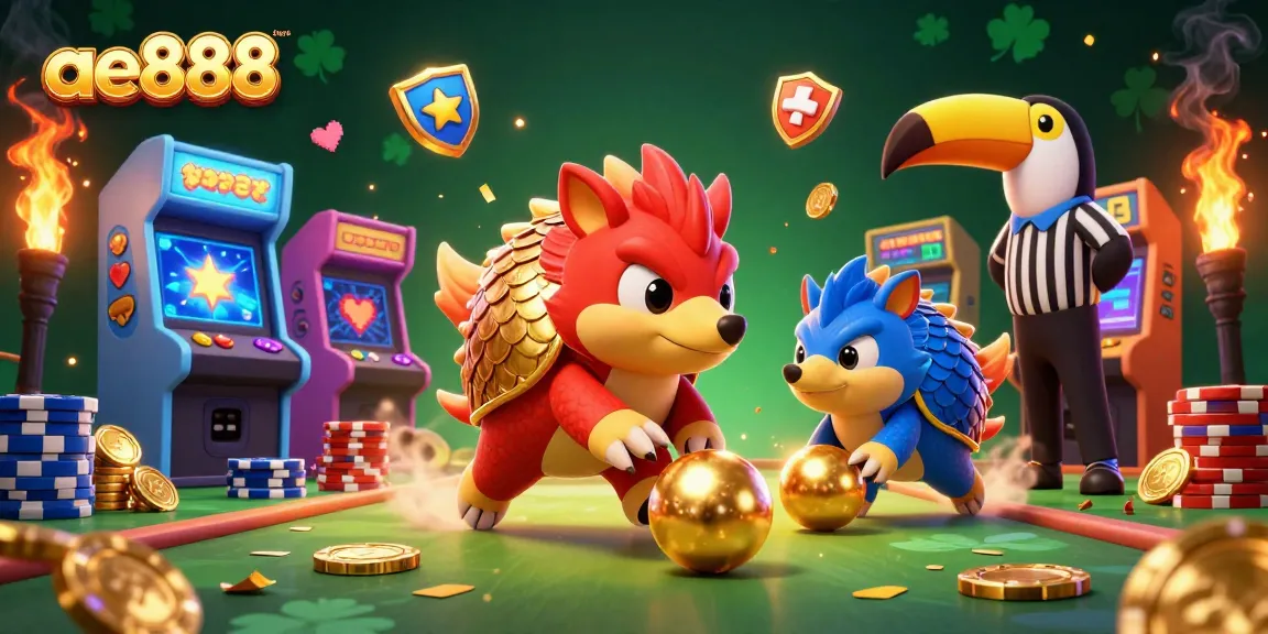 Engage with ae888 as rival pangolins roll through casino chips in a vibrant 3D gaming scene.