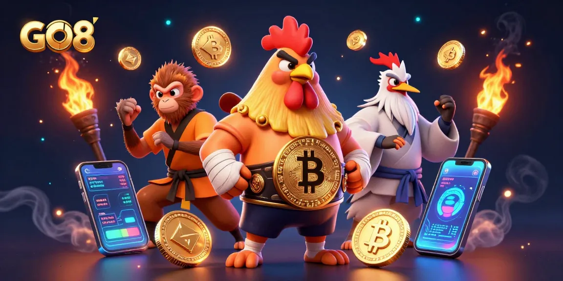 GO8 players experiencing thrilling wins amid vibrant slot games and crypto elements in a lively casino scene.
