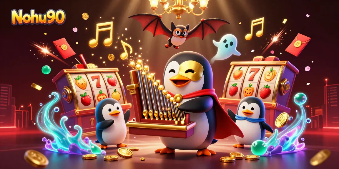 Nohu90 showcases an exciting casino experience with a whimsical penguin and dynamic golden gaming elements.