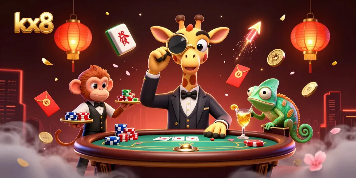 Experience high-stakes poker with kx8 as a giraffe in a suit leans on a VIP table surrounded by vibrant casino elements.
