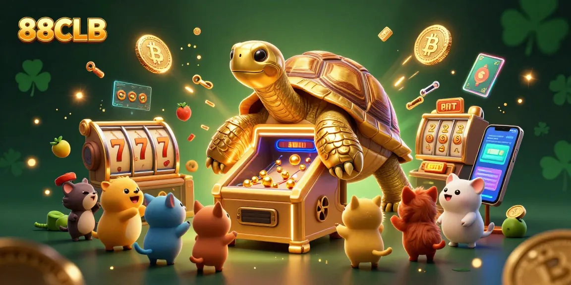 Experience excitement at 88CLB with a vibrant scene of a colossal golden tortoise as a pinball machine for thrilling jackpot games.