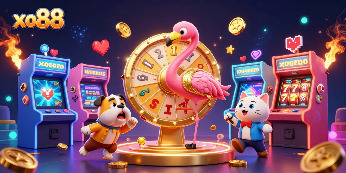 Engage in thrilling gaming with xo88's vibrant 3D illustration featuring prizes and excitement.