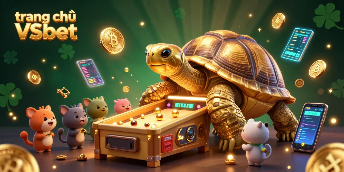 Experience the energy of trang chủ VSbet with a vibrant casino scene featuring a golden tortoise, crypto coins, and excited players.