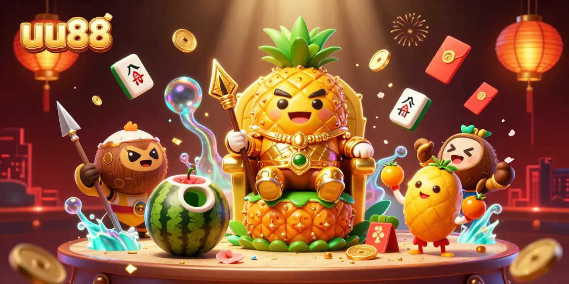 Experience exciting wins at uu88, featuring a vibrant beach casino scene with a golden pineapple king and vibrant game elements.