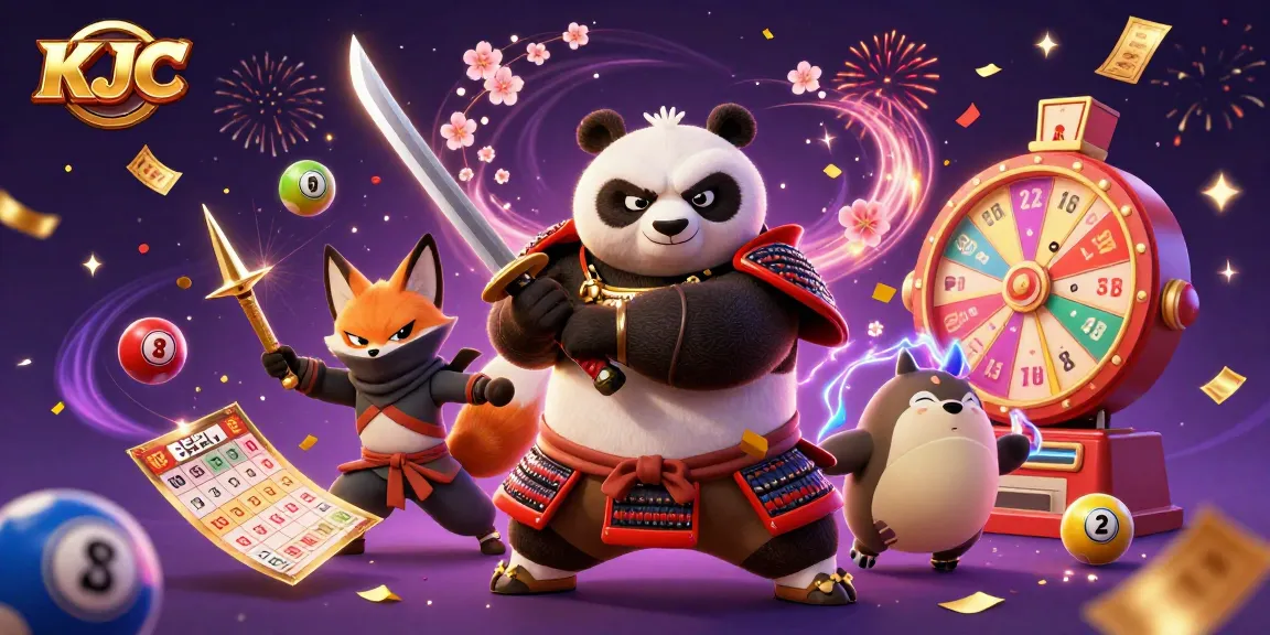 KJC engages players with a vibrant illustration featuring samurai panda, ninja fox, and tanuki amidst lottery elements.