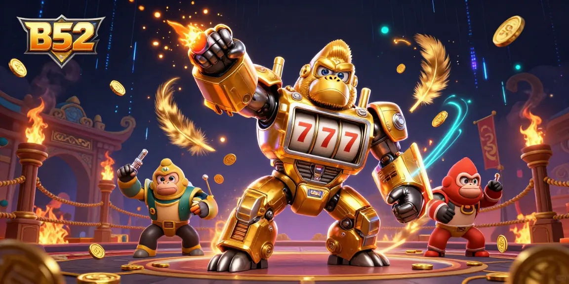 B52 casino experience with a golden gorilla mech celebrating jackpots in an enchanting casino arena.