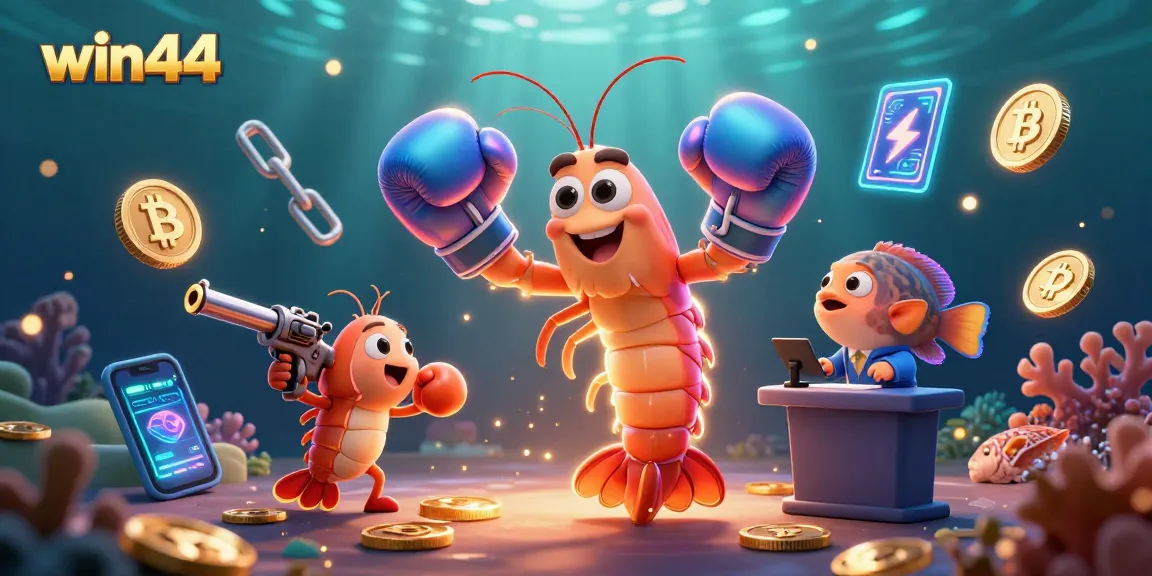 Win44 gambling scene featuring vibrant characters and crypto-themed elements in a dynamic 3D illustration.