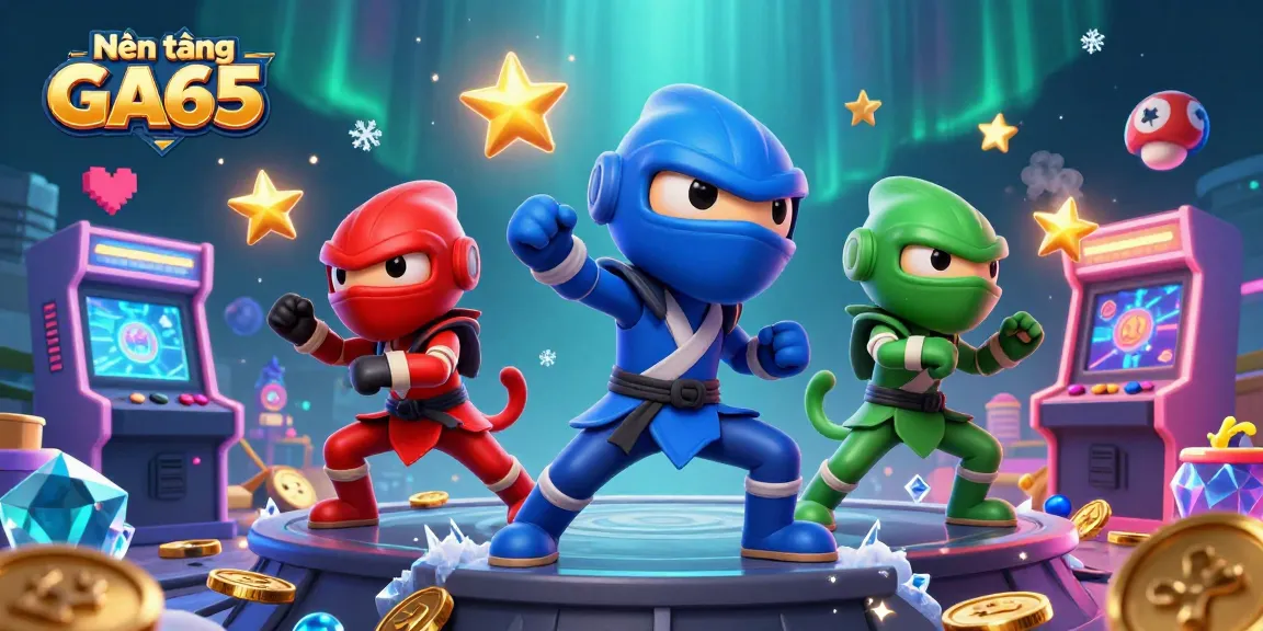Nền tảng GA65 showcases a team of chameleon ninjas performing martial arts in a vibrant 3D casino environment.