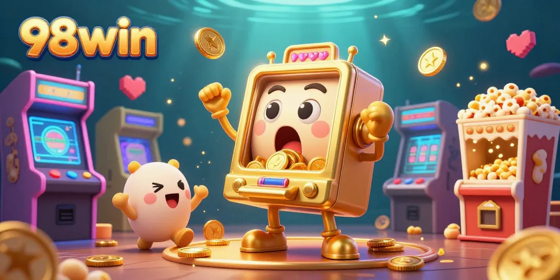 Celebrate wins at 98win with playful slot machines and vibrant gaming elements in a lively casino scene.