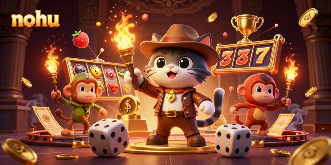 Nohu character explores a golden casino artifact, surrounded by dynamic gambling elements and vibrant visuals.