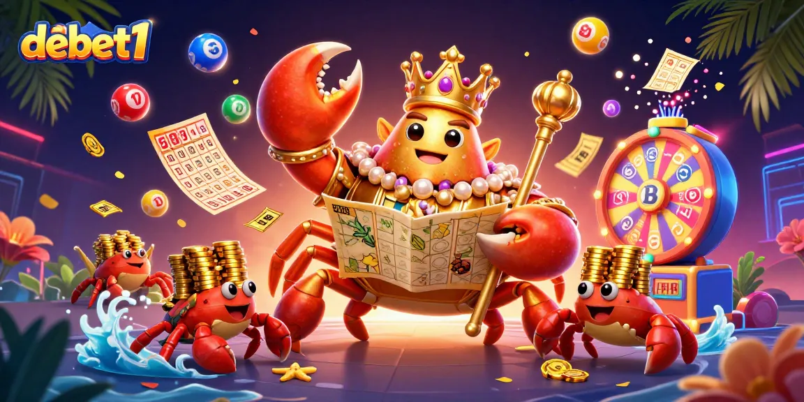 Engage with debet1's vibrant lottery scene featuring a golden crab and colorful balls.