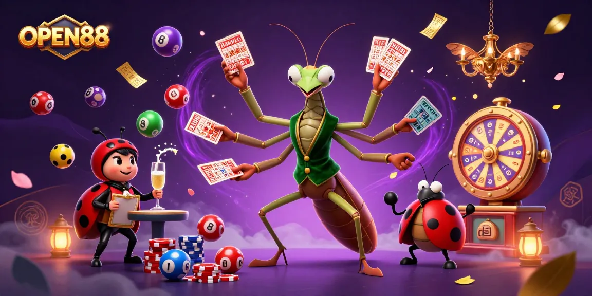 Engage with OPEN88's vibrant casino scene featuring a praying mantis card sharp, ladybug pit boss, and dynamic lottery elements.