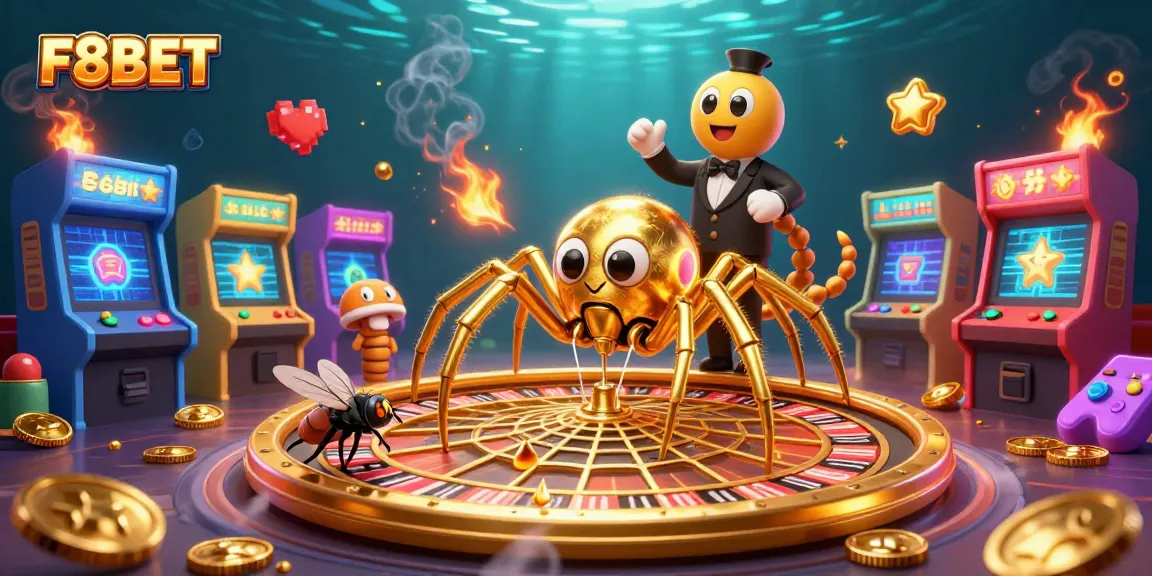 Engage with F8BET as the golden spider spins a roulette web in a vibrant casino scene.