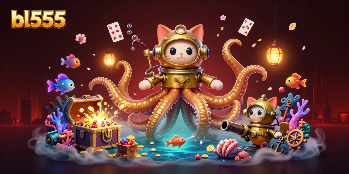 Experience the thrilling gaming adventure at bl555 with a kraken, diving cat, and treasures.