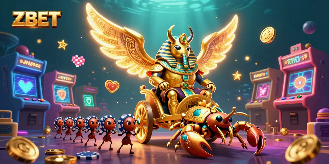 ZBET offers captivating gaming adventures featuring a vivid casino scene of a golden scarab beetle and more.