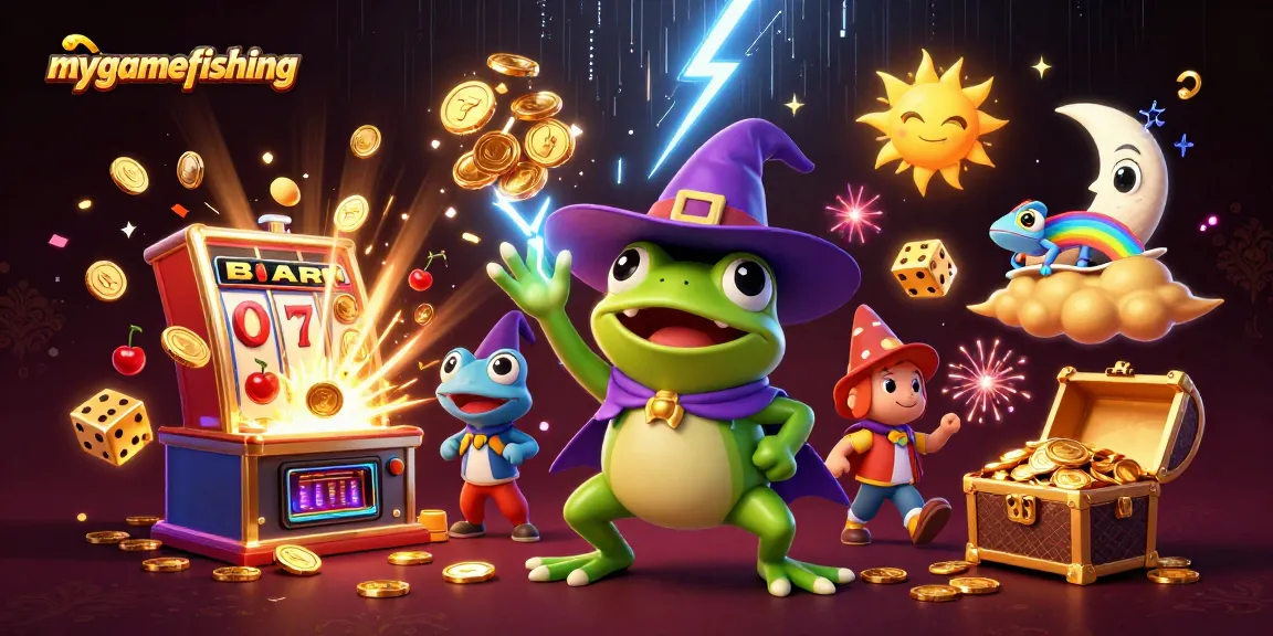 Experience mygamefishing with a vibrant 3D scene of a weather wizard frog and rainbow chameleon.