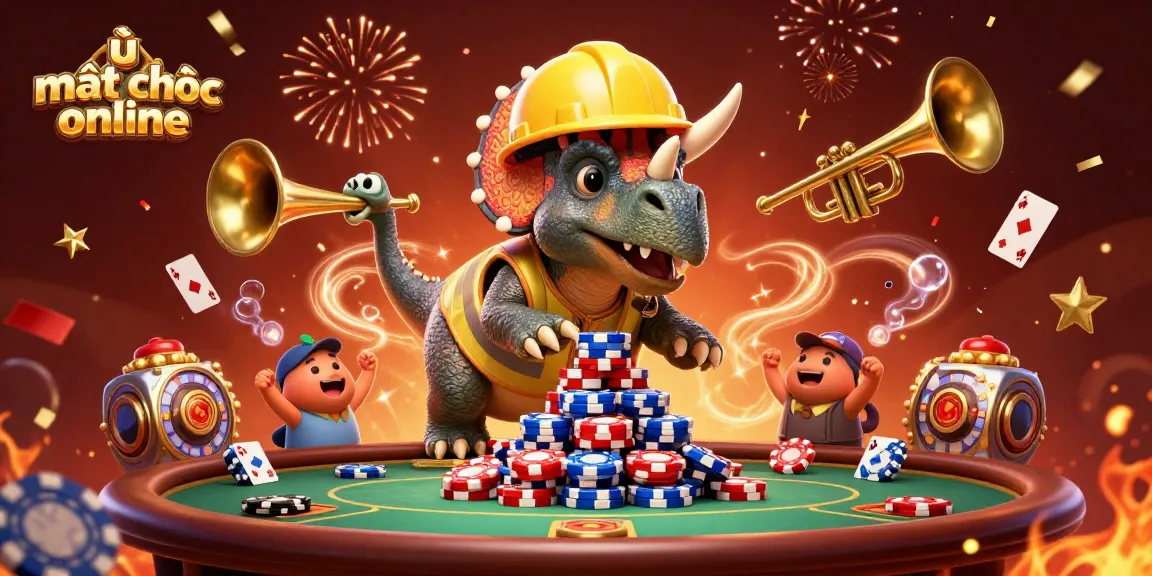 Join the excitement of ù mạt chược online with a celebratory scene featuring poker chips, cards, and joyful characters.