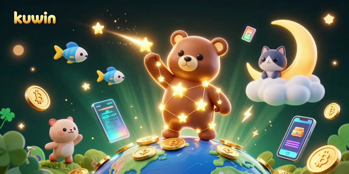 Kuwin players enjoy thrilling crypto gaming with constellation bear, winning coins in a vibrant cosmic scene.
