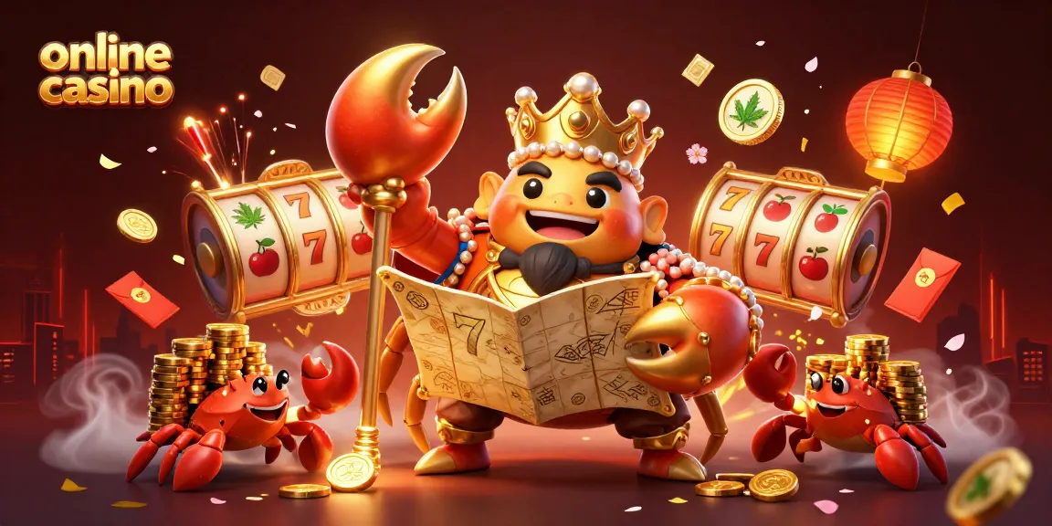 Engage in the online casino experience with a vibrant 3D illustration featuring a golden crab emperor and treasures.