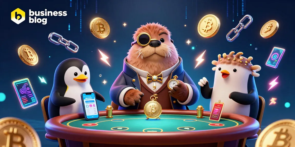 Engaging business blog scene featuring a poker game with unique characters in a vibrant casino.